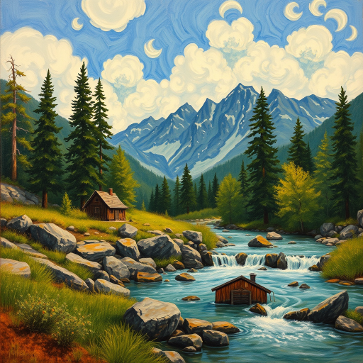 This Van Gogh-inspired painting depicts a peaceful scene of a small cabin located near a flowing river. The scene is surrounded by lush vegetation, including tall trees and rocky terrain. In the background, majestic mountains rise under a sky filled with rolling clouds. The river gently cascades over the rocks, adding a sense of movement and tranquility to the scene. The use of vibrant colors and detailed brushstrokes create a sense of depth and harmony in the natural setting.