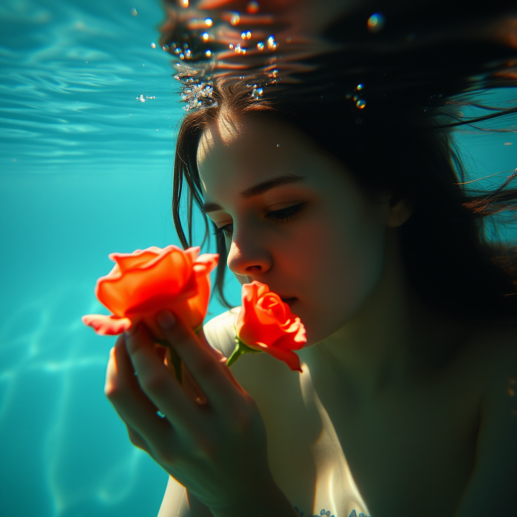 Captivating Underwater Moment A Young Woman Embracing Roses With Grace Captivating Underwater Moment A Young Woman Embracing Roses With Grace