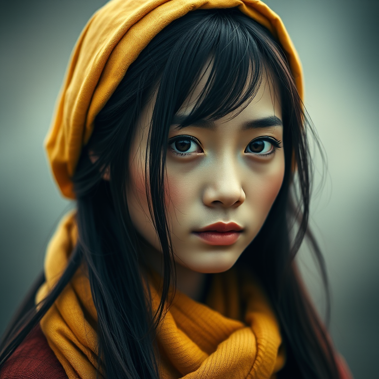 Create a portrait of a young Manchu woman with long, dark hair and captivating hazel eyes. She is wearing a Yellow headscarf and a matching scarf draped gracefully around her neck. The background is softly blurred, focusing attention on her serene and natural expression. The overall color palette is muted and warm, enhancing the intimate and authentic feel of the portrait.