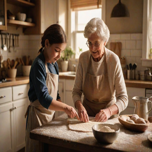 Warm, intimate image of a grandmother teaching her granddaughter to bake in a cozy kitchen, soft glow from the oven casting warm shadows, flour dusted on their aprons, and the smell of fresh dough.