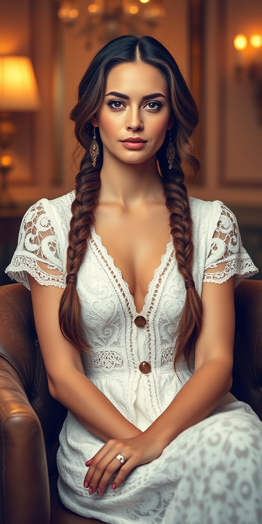 Create a portrait of a refined and elegant woman seated in a sophisticated setting. She has long, wavy hair styled in two thick braids that are pulled over her shoulders. She wears a white, lace gown with intricate patterns, featuring a deep V-neckline and short sleeves. The dress exudes a vintage charm with its delicate lacework. She is adorned with ornate, dangling earrings that add a touch of glamour to her appearance. The background is softly lit, with warm, ambient lighting that creates a cozy and inviting atmosphere. Her expression is poised and serene, capturing a sense of grace and elegance.