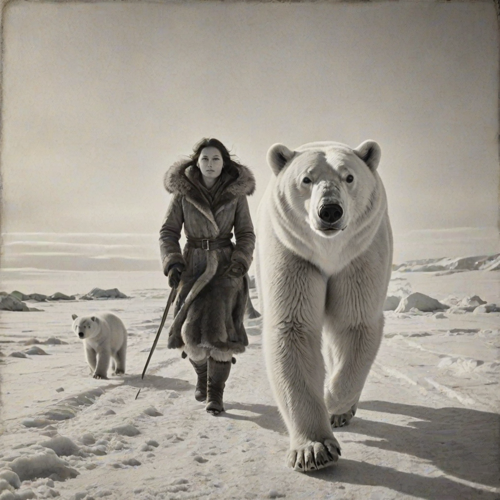 A very old photograph in black and white. The photo is badly damaged, faded, with scratches, tears, smudges and dirt. The photo is ultra-realistic and very detailed. It's a picture of an Arctic warrior. She is walking serenely towards the camera. At her side walks a majestic polar bear. Its fur shines in the sunlight. Snow, ice, sea. wind. snow in the air.