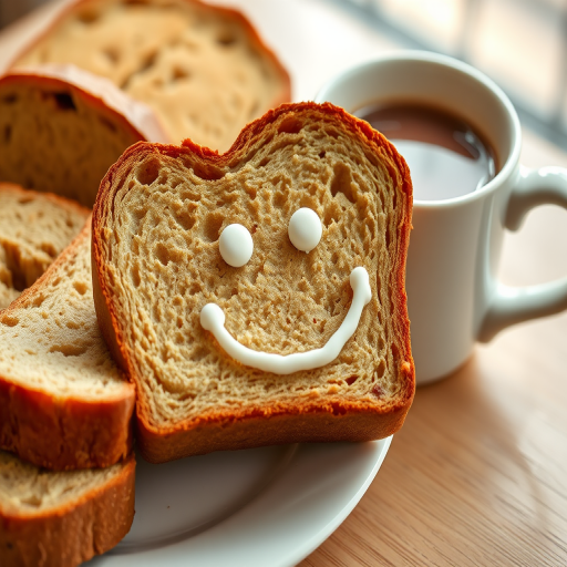 A close-up shot of a slice of bread with a smiley face made out of icing, placed on a white plate next to other slices of bread, with a steaming cup of hot chocolate in a white mug, soft natural lighting, aperture f/2.8, shutter speed 1/125s, ISO 200, DSLR camera, macro lens.