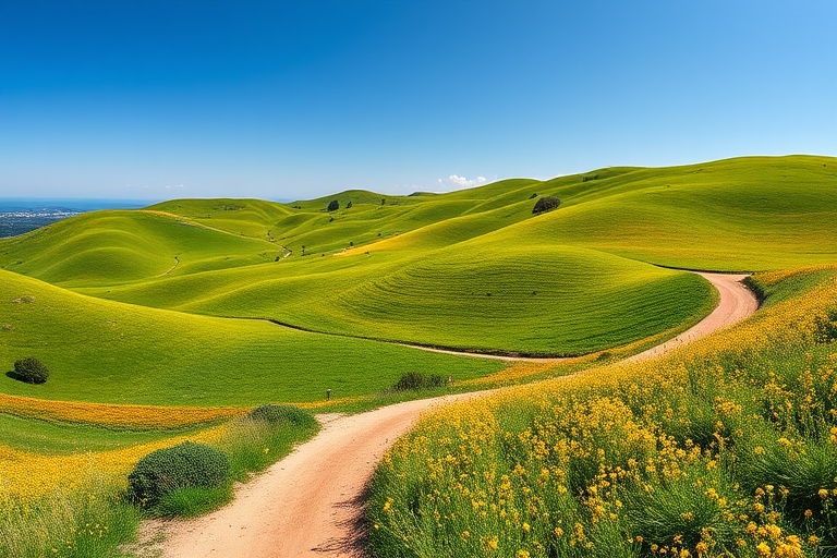 Create a vibrant landscape featuring rolling green hills under a clear blue sky, with a winding dirt path and bright yellow flowers in the foreground, shot with a DSLR camera at f/8, ISO 100, with a wide-angle lens to enhance depth and clarity.