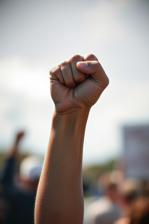 Regenerate a high-contrast image of a raised fist symbolizing strength and unity, shot with a Canon EOS R5 at f/8 aperture, 1/200s shutter speed, ISO 100, using a shallow depth of field for a clear foreground and blurred background, natural lighting.