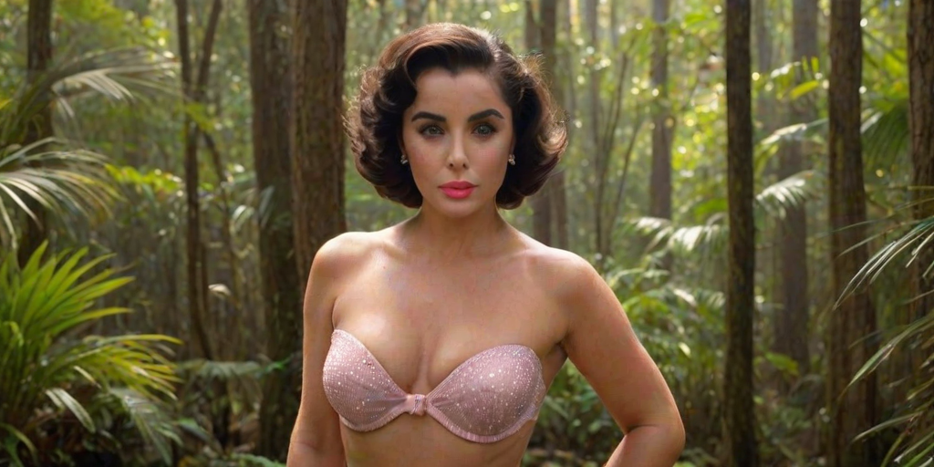 A photo of an old, beautiful Elizabeth Taylor with light tanned skin, a small nose, and soft pink lips. She has perfect symmetric eyes and wears a strapless transparent bikini. She has a big female bosom with push-up. The model is standing under the warm sunlight, showcasing her toned figure and delicate curves. The background is a rain forest with sparkling water and trees. The overall ambiance is a perfect blend of luxury, glamour, and beachside leisure.