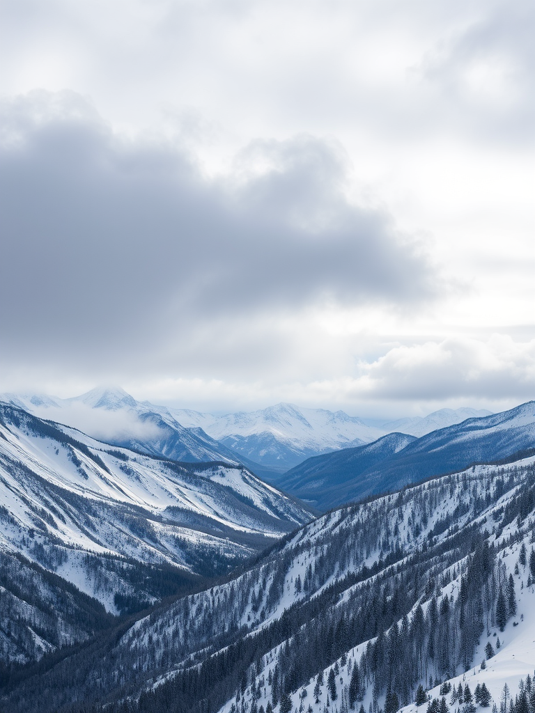 Capture a dramatic winter landscape of snow-covered mountains under a moody overcast sky with low-hanging clouds, using a DSLR camera at 24mm focal length, aperture f/8, ISO 100, and a shutter speed of 1/200 sec to enhance detail and contrast in the image.
