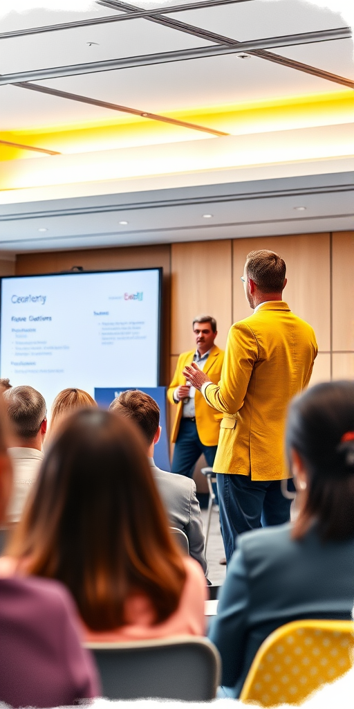 A professional presentation in a modern conference room featuring a speaker in a yellow blazer addressing an audience, shot with a Canon EOS R5 at 50mm, f/1.8, ISO 100, natural lighting, shallow depth of field, vibrant watercolor style.