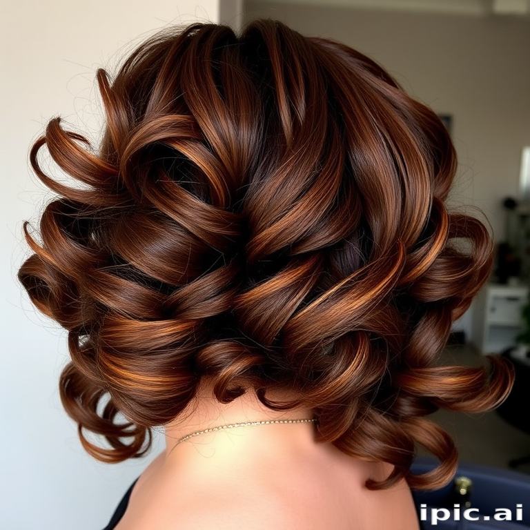 Glamorous hair style displaying voluminous chocolate brown curls with caramel highlights arranged in a classic old Hollywood-inspired style