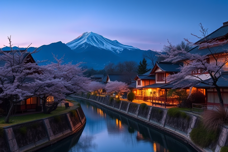 Create a serene landscape at twilight featuring a traditional Japanese village with cherry blossom trees, majestic mountains in the background, and softly lit houses along a tranquil waterway, shot with a Canon EOS R5, 24mm f/1.4 lens, aperture set to f/2.8, ISO 100, and a slow shutter speed of 1/4 sec for enhanced detail and depth.