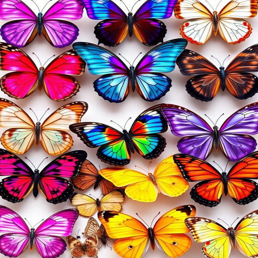 Generate an image of various colorful butterflies arranged in a grid pattern. Include different species with a variety of colors such as pink, blue, purple, and yellow. Ensure the butterflies are depicted realistically, showcasing their unique wing patterns and textures.