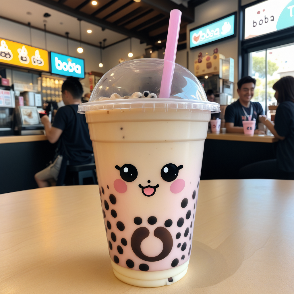Delightful Boba Tea with Cute Face and Colorful Toppings in Café