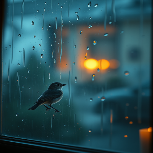 Warmly lit, intimate image of a small bird perched on a windowsill during a rainstorm, droplets of water streaking down the glass, with soft candlelight glowing from the interior of the room.