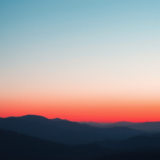 Create a minimalist landscape with layered mountains and a gradient sky transitioning from bright blue to deep red at the horizon, captured with a DSLR camera, 35mm lens, f/8 aperture, ISO 100, in landscape orientation, with a soft focus effect for a dreamy atmosphere.