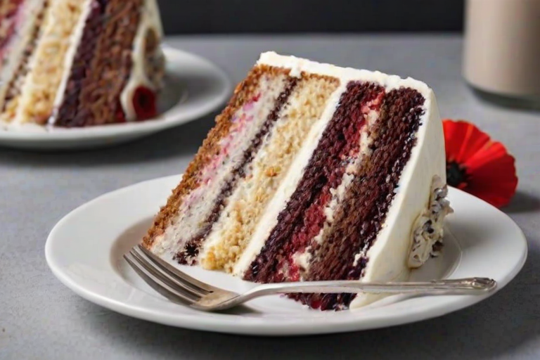 Generate an image of a slice of multi-layered cake on a white plate. The cake has distinct layers with different colors and textures, including a creamy white frosting on the outside. There should be visible layers of poppy seed and fruit filling, with a fork resting beside the slice. The background should be light and simple to emphasize the cake.