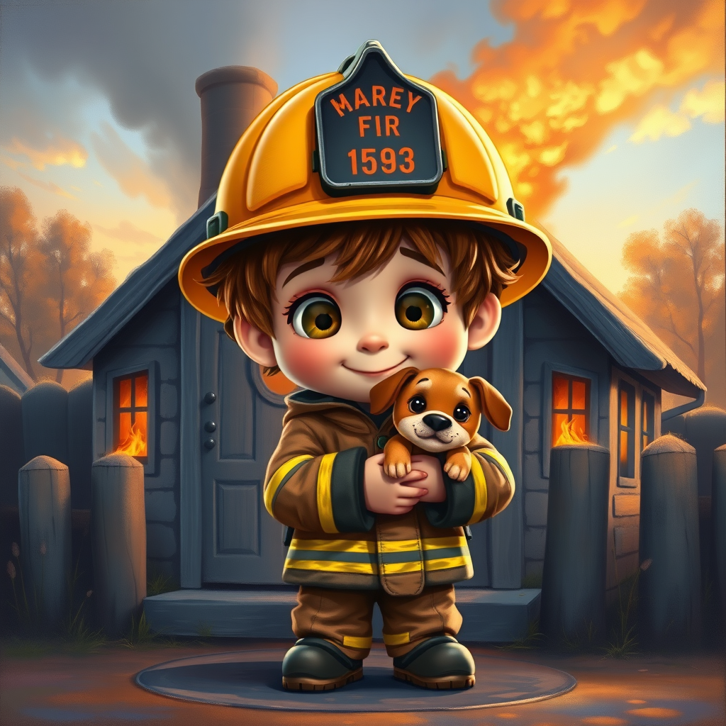 airbrushed oil painting, pixar style, cute little boy in fireman gear, helmet, tousled hair, expressive eyes, standing in the doorstep of a cottage burning behind him, holding a cute little dog in his arm, atumn sky