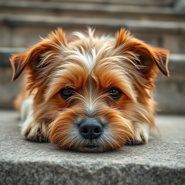A close-up shot of a scruffy, brown and white dog resting on stone steps, natural light, 50mm lens, aperture f/2.8, ISO 200, shutter speed 1/200 sec, DSLR camera, shallow depth of field, focus on the dog's face.
