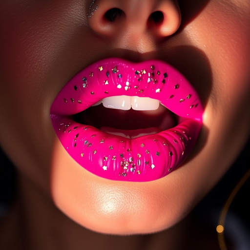 Vibrant fuchsia lips adorned with glitter accents, creating a bold and playful look, photographed in dramatic lighting to emphasize the sparkle and shine