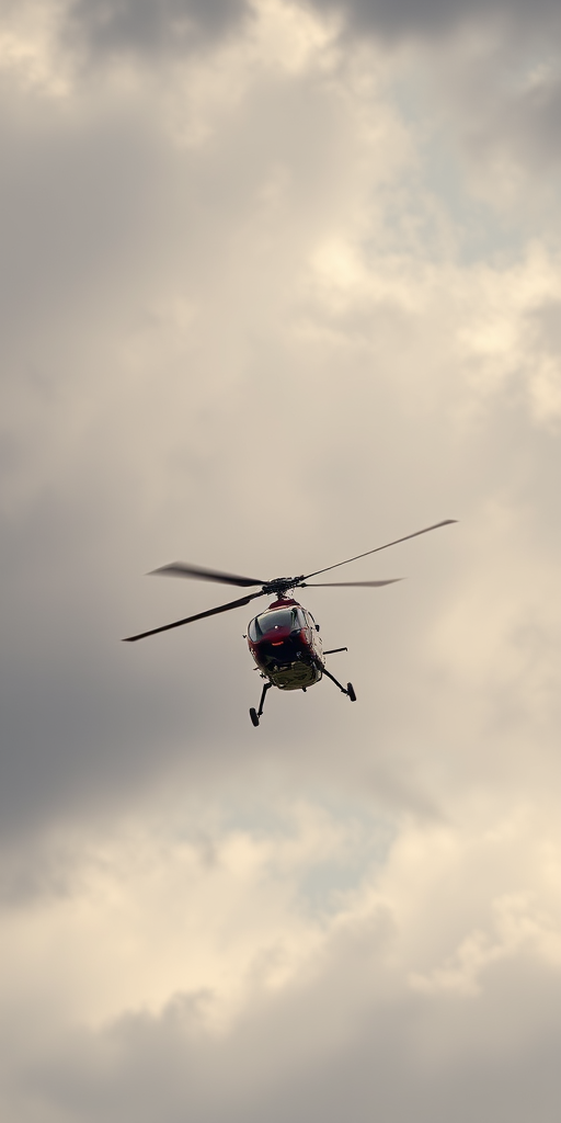 helicopter flying against a cloudy sky, shot with a Canon EOS 5D Mark IV, 70mm lens, f/8 aperture, 1/1000 sec shutter speed, ISO 200, high dynamic range, aerial view, focus on helicopter in sharp detail