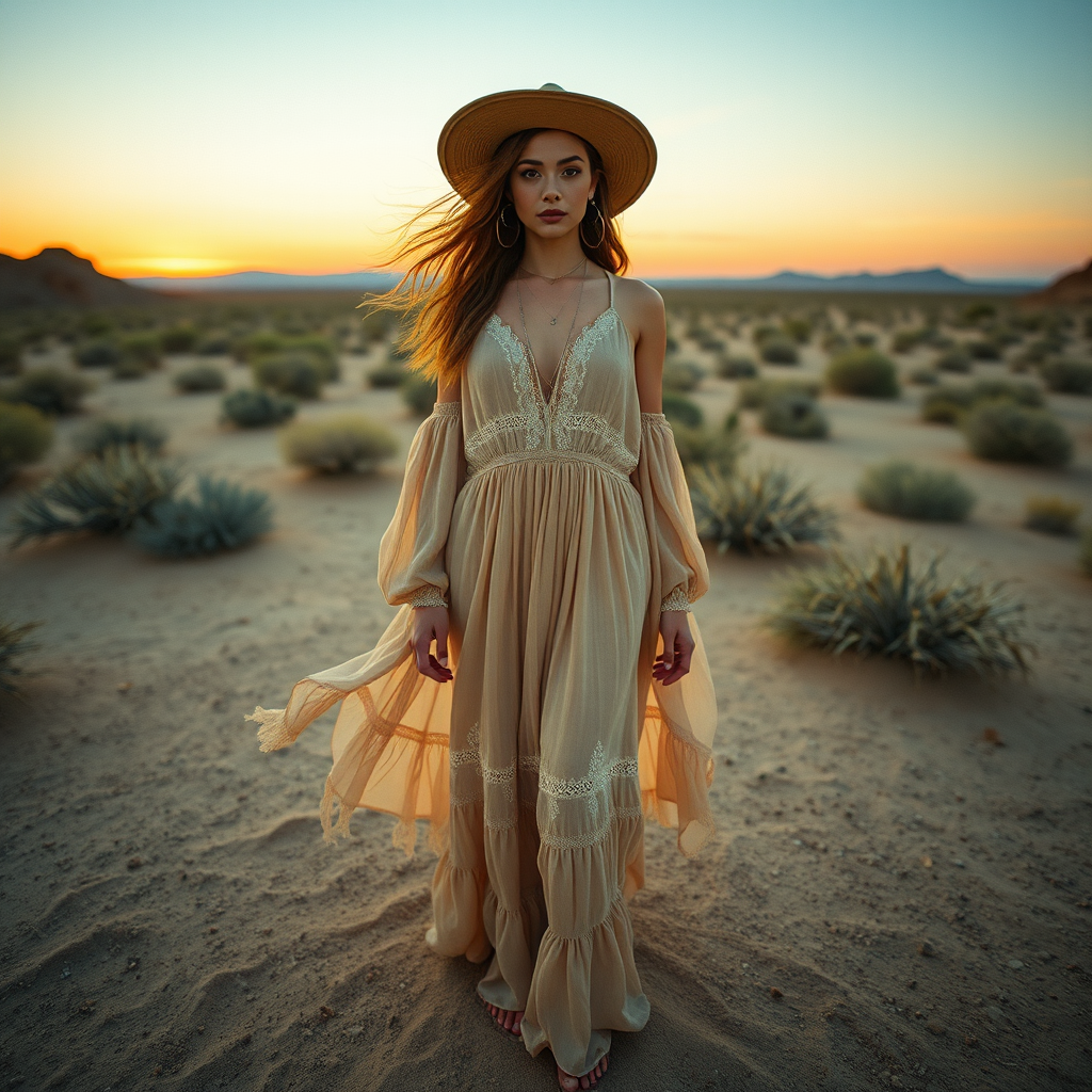 Desert setting, bohemian model, flowy dresses, earthy tones, rustic sunset effect,  equipped with a 12mm lens to capture an overhead view of the model, emphasizing symmetry and spatial positioning