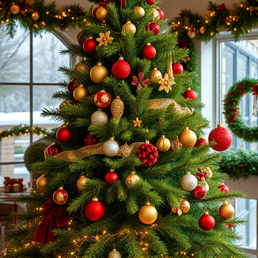 Generate an image of a beautifully decorated Christmas tree indoors. The tree should be lush and green, adorned with red, gold, and silver ornaments. Include warm white lights twinkling on the branches. The background should feature a cozy, festive environment with some holiday decorations visible, like garlands and a hint of a window showing a winter scene.