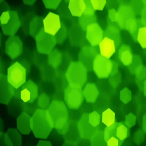 Regenerate a vibrant green abstract background with glowing hexagons and circular bokeh effects, taken with a DSLR camera at f/2.8, ISO 100, 1/60s shutter speed, using a macro lens for enhanced detail and depth of field.