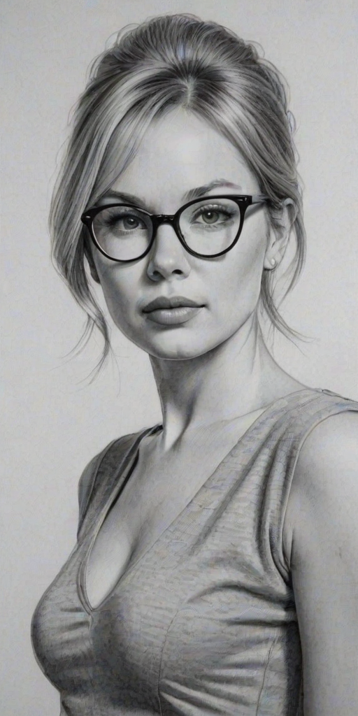 Lovely Ren'e Zellweger, pencil sketch, portrait of Stunning woman 1966s in glasses, hair style beatnik, outline, clear lines, fine lines, 8k