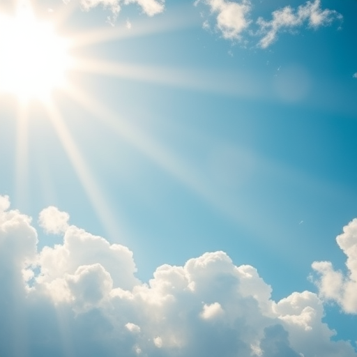 Generate a bright sky with fluffy clouds and rays of sunlight streaming through, using a DSLR camera with a 24mm lens, aperture f/8, ISO 100, 1/200s shutter speed, shot from a low angle to emphasize the clouds and light.