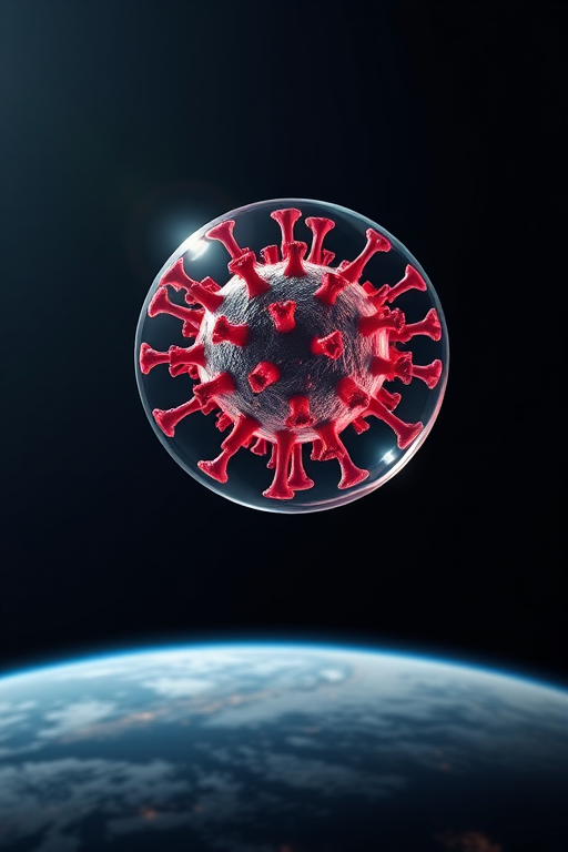 Create a highly detailed 3D rendering of a coronavirus particle encapsulated in a translucent bubble, positioned above Earth at night, using a Canon EOS R5, 50mm lens, f/1.8 aperture, 1/100s shutter speed, ISO 100, in a studio lighting setup with soft focus on the background.