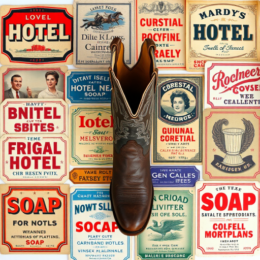 Create a high-resolution collage of vintage hotel labels and soap advertisements featuring a classic cowboy boot, positioned centrally, taken with a Canon EOS R5 at f/8, ISO 100, 24mm lens, soft natural lighting, top-down view, with a shallow depth of field for enhanced image quality.