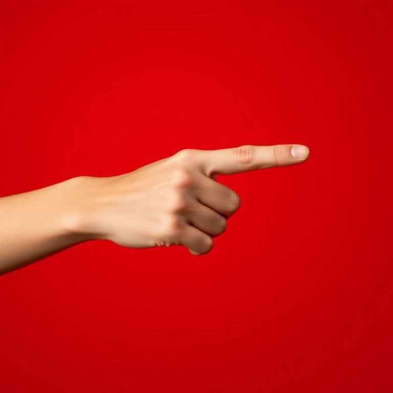 Create a high-resolution vector image of a human hand pointing to the right on a vibrant red background, using a Canon EOS R5 camera with a 50mm lens, aperture set to f/2.8, ISO 100, and shoot from a slightly elevated angle to enhance depth and focus.