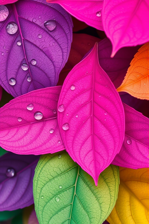 generate a vibrant digital illustration of overlapping colorful leaves in shades of purple, pink, and green, with realistic water droplets on each leaf, using a Canon EOS R5 camera with a 50mm f/1.2 lens, aperture set at f/8, ISO 100, and shot from a top-down view for enhanced detail and clarity.
