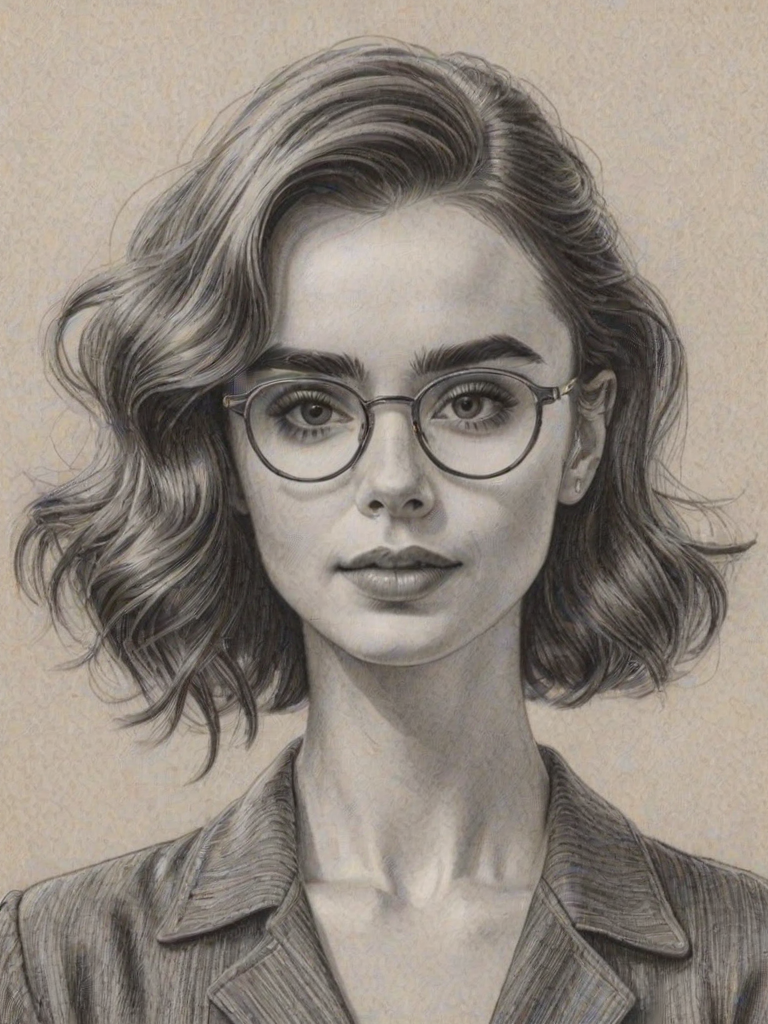 Enchanting Lily Collins, pencil sketch, portrait of Bewitching woman 1945s in glasses, hair style beatnik, outline, clear lines, fine lines, 8k