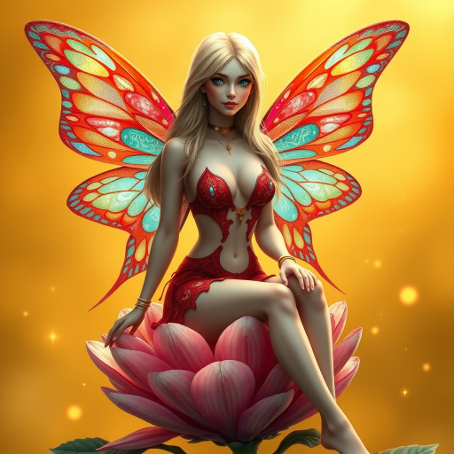 A digital artwork features a winged fairy with delicate Cerise butterfly wings, adorned with intricate Cyan andAuburn patterns. She is seated on a vibrant Sepia flower, wearing a revealing red two-piece outfit with sparkling beadwork. Her fair skin, long blonde hair, and gold jewelry add to her ethereal appearance. The background is a warm, golden gradient, creating a magical atmosphere. Small glowing orbs and sparkles surround the flower, enhancing the enchanting, highly detailed, and realistic scene.