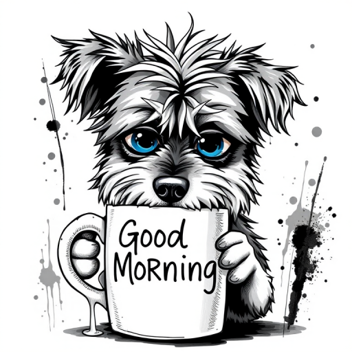 A quirky, artistic illustration of a disheveled poogle dog breed with exaggerated, large eyes and spiky fur, holding a coffee mug that reads "Good Morning". The dog has a tired but humorous expression, with ink splatters and abstract details surrounding it, giving a whimsical feel to the image. The color palette is mostly monochrome with hints of blue in the eyes and steam rising from the mug, enhancing the overall sleepy vibe