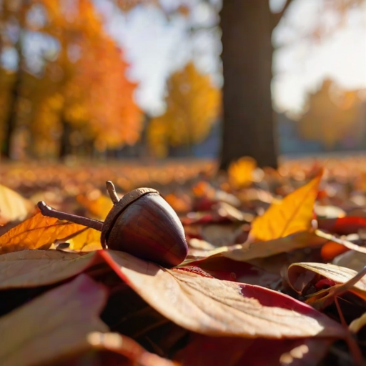 Softly focused close-up of a single acorn resting on a bed of vibrant autumn leaves, soft golden light illuminating the rich reds, oranges, and yellows, with distant trees barely visible in the background.