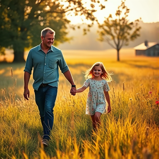 Softly lit, warm morning scene of a father and daughter walking hand-in-hand through a meadow, tall grass swaying in the breeze, sunlight filtering through the trees at the meadow's edge, wildflowers dotting the landscape, a soft smile on both of their faces, a distant farmhouse barely visible.