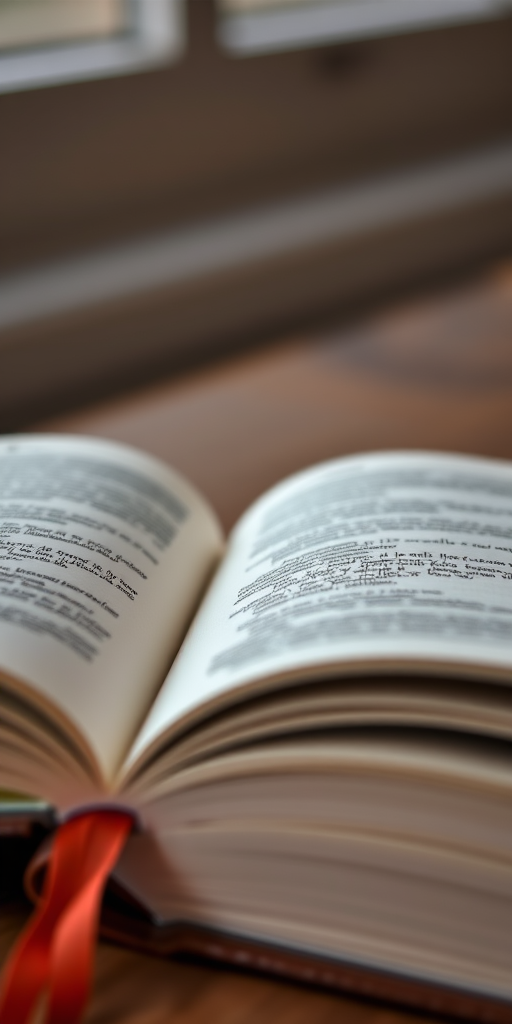 create a realistic image of an open book with blank pages and a bookmark, using a DSLR camera, 50mm lens, f/1.8 aperture, ISO 200, natural lighting, and a shallow depth of field for enhanced detail and softness in the background