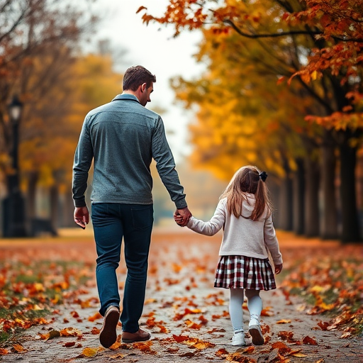 Photo of a man and a young girl holding hands in a park during autumn, with colorful leaves on the ground, taken with a Canon EOS R5 at f/2.8, 1/250 sec, ISO 100, soft natural lighting, portrait orientation, shallow depth of field.