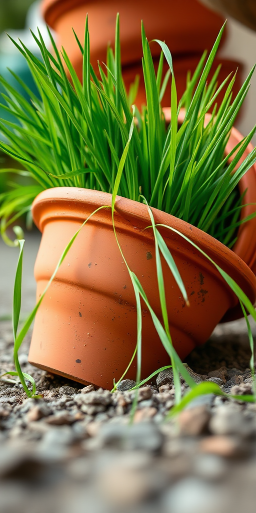 Create a high-resolution image of a terracotta pot tipped over with vibrant green grass spilling out, using a DSLR camera with a 50mm lens, aperture set to f/2.8 for a shallow depth of field, natural lighting to enhance colors, and positioned at a low angle for a dynamic view.