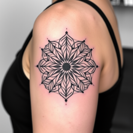Minimalist blackwork tattoo named "Geometric Harmony" showcasing clean lines and precise angles forming an intricate mandala pattern with dotwork shading and negative space elements