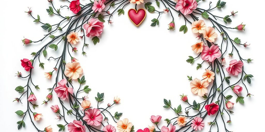 Create a detailed floral wreath design with intricate vines and hearts, high resolution, 50mm lens, f/2.8 aperture, ISO 100, natural light, top-down view, DSLR camera.