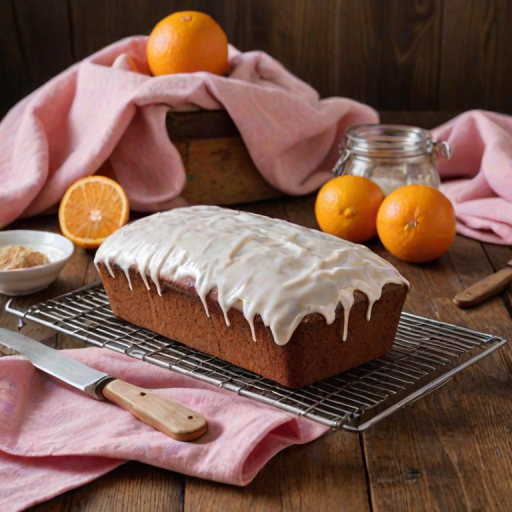 Generate an image of a freshly baked loaf cake with a white icing glaze, placed on a wire cooling rack. Surround the cake with halved oranges and a knife on a wooden table. Include a soft pink cloth under the cake for a warm, inviting atmosphere.
