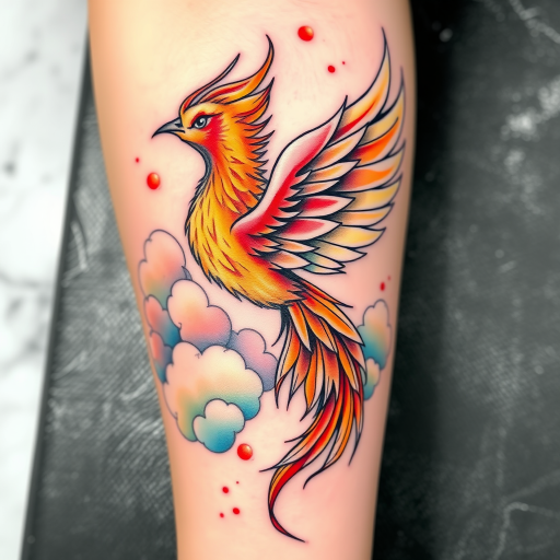 Vibrant watercolor tattoo depicting a majestic phoenix rising from ashes, feathers blending into swirling clouds, intricate details in soft pastels and bold oranges, ethereal and dreamlike quality