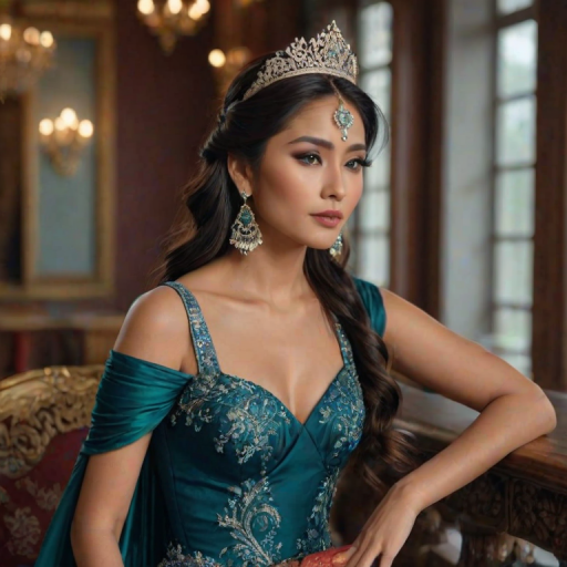 A gorgeous Bhutanese woman in a luxurious blue gown, accessorized with a dazzling tiara and statement earrings, her deep green eyes highlighted by impeccable makeup, poised in a royal setting, photorealistic, 8K quality
