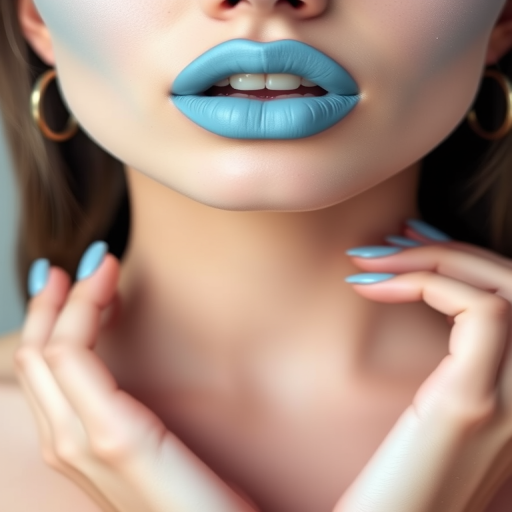 Matte pastel blue lips with a powdery finish, titled "Cloud Nine," exhibit a soft, dreamy color and velvety texture for an avant-garde look