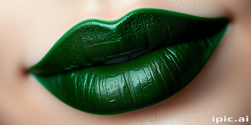 Deep emerald green lipstick "Enchanted Forest" with subtle shimmer and moisturizing core, ideal for editorial looks and daring makeup enthusiasts, comfortable wear