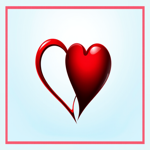 Create an illustration of two interlocking hearts, one red and one dark red, surrounded by a light blue gradient background with a square border in contrasting colors, high-resolution, shallow depth of field, shot with a DSLR camera at f/2.8, ISO 100, and 50mm lens.