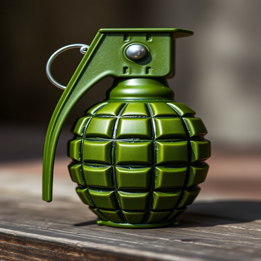 Create a high-resolution digital illustration of a green hand grenade with a shiny metallic pin, using a DSLR camera at f/5.6 aperture, 50mm focal length, ISO 100, natural lighting, and a slight angled view to enhance depth and detail.