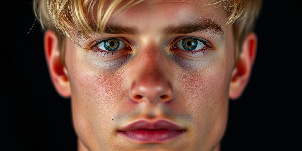 Capture a close-up portrait of a young man with striking features and blonde hair, using a Canon EOS R5 camera, 85mm lens, f/1.4 aperture, 1/125 sec shutter speed, ISO 100, soft diffused lighting with a dark gradient background for dramatic effect.